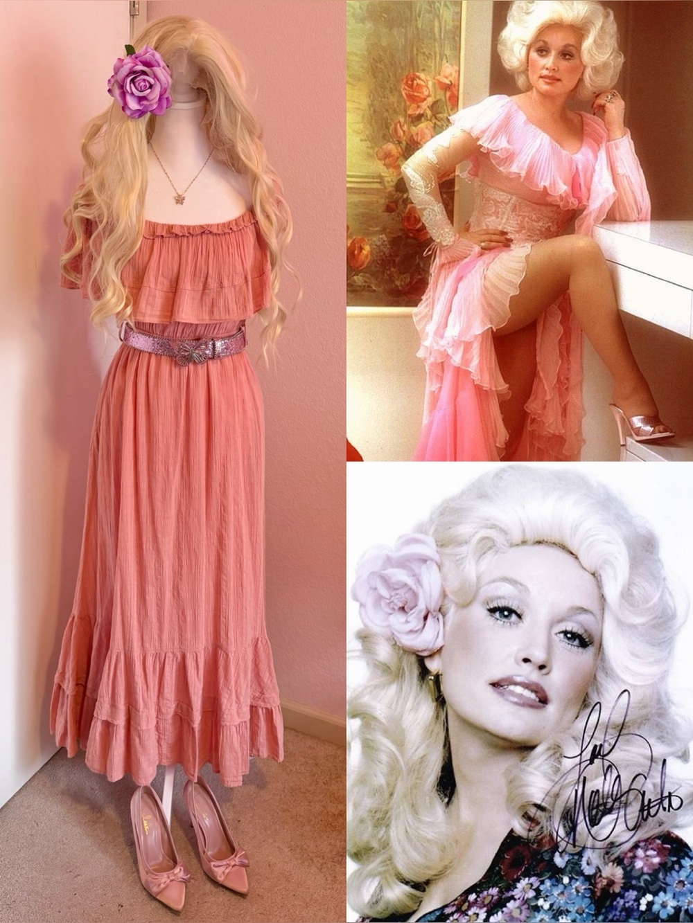 Dolly Parton Costume Set- Includes Dress, Wig, Flower Clip, Belt, & Size 8 Heels